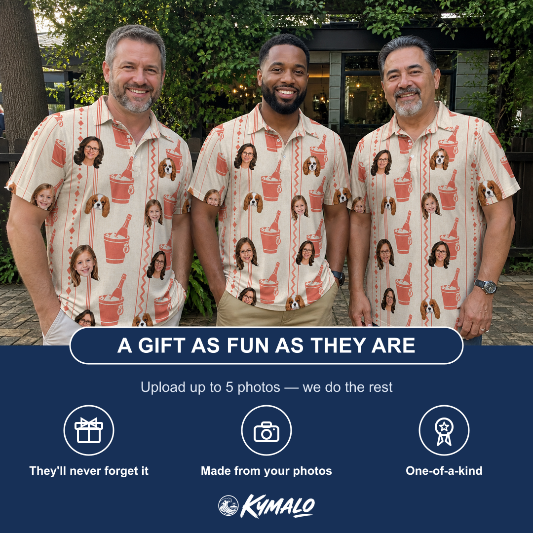 Friends in matching Men's Bubbly Buckets Custom Face Polo Shirt — a group gift photo