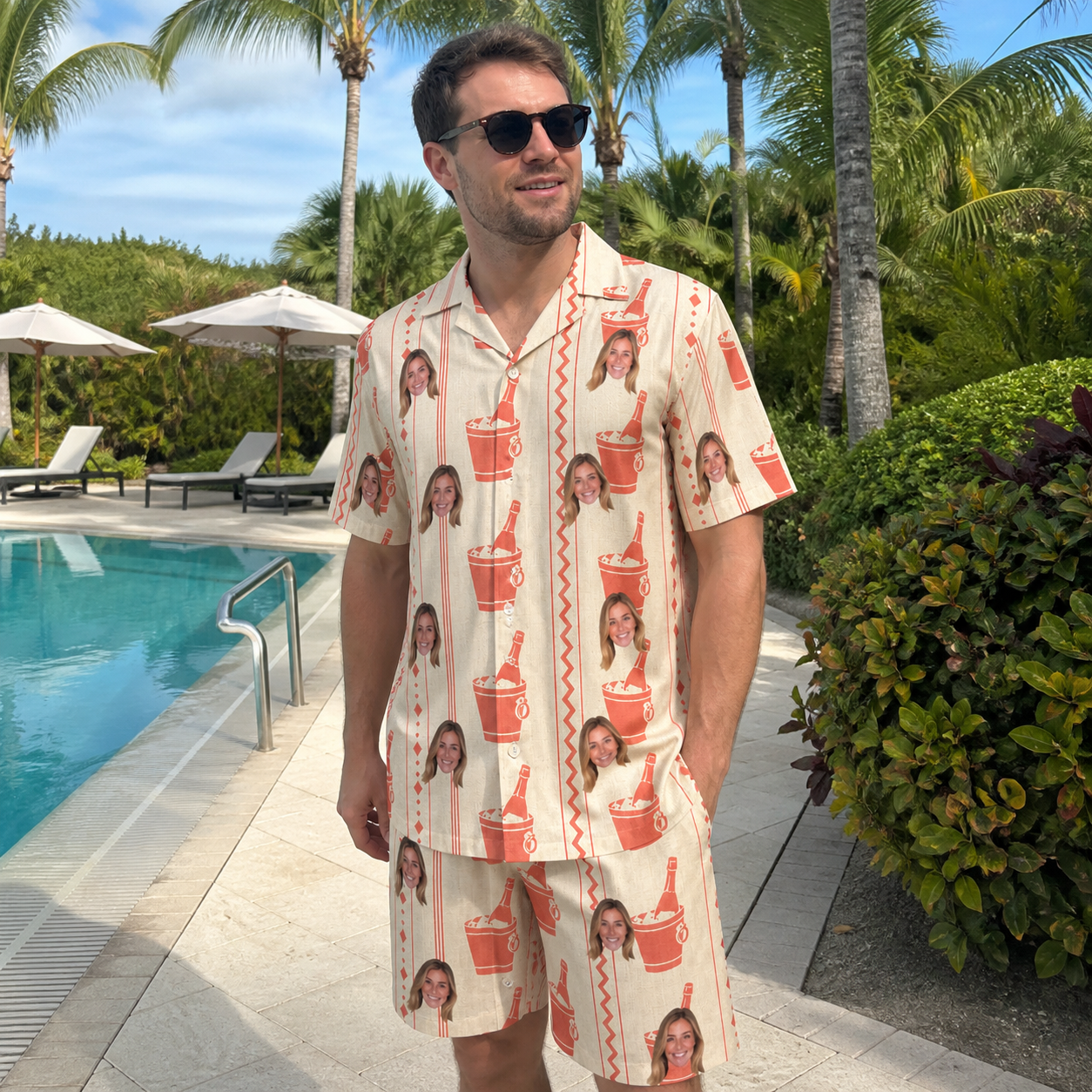 Real-life photo of someone wearing Men's Bubbly Buckets Custom Face Shirt & Shorts Set — custom faces printed all-over