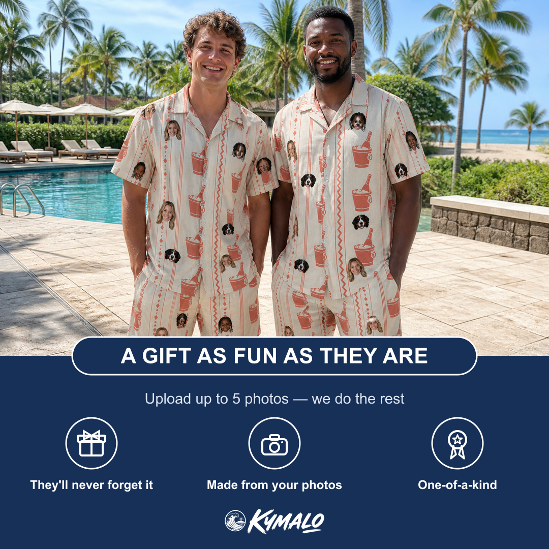 Friends in matching Men's Bubbly Buckets Custom Face Shirt & Shorts Set — a group gift photo