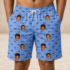 Model wearing Men's Bride Blinders Custom Face Beach Shorts printed with kids' faces