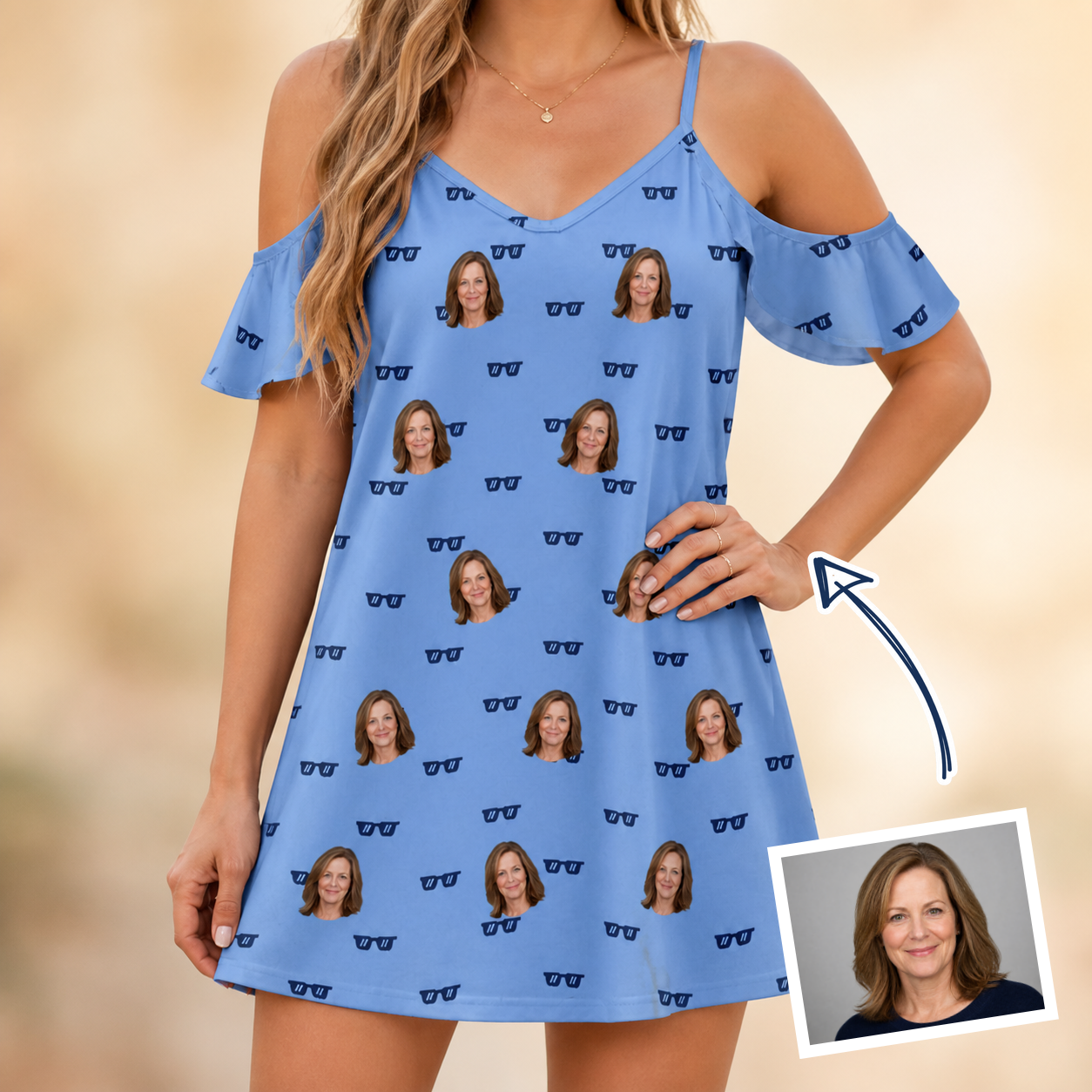 Woman wearing Women's Bride Blinders Custom Face Off-Shoulder Dress — custom faces printed all-over