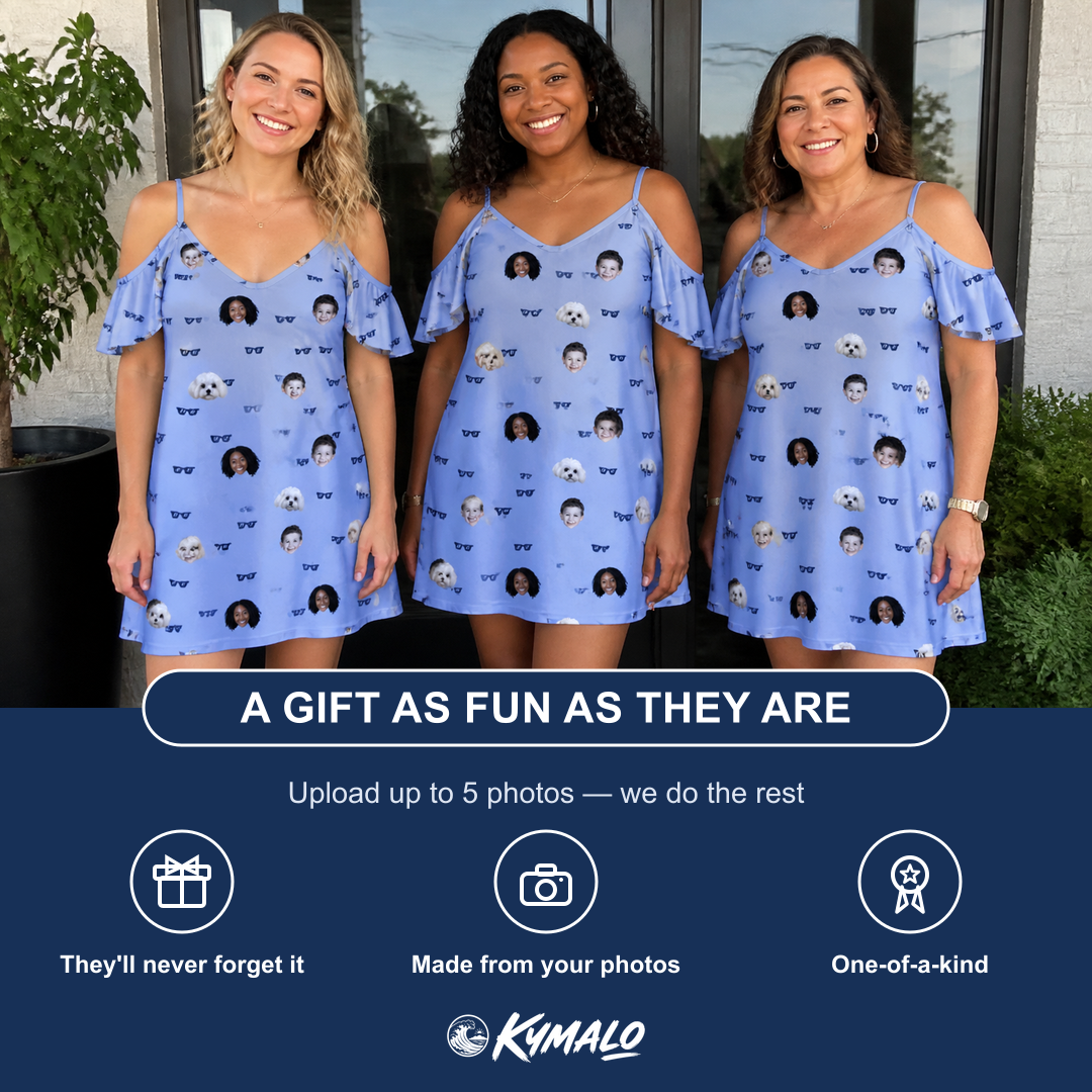 Friends in matching Women's Bride Blinders Custom Face Off-Shoulder Dress — a group gift photo