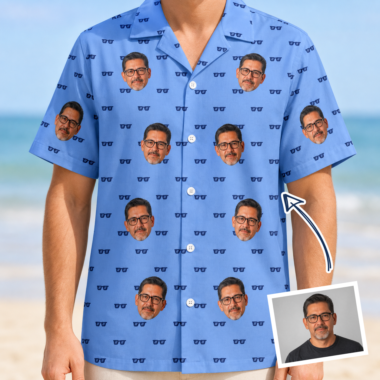 Man wearing Men's Bride Blinders Custom Face Hawaiian Shirt — custom faces printed all-over