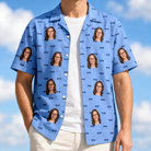 Man wearing Men's Bride Blinders Custom Face Hawaiian Shirt open over a white tee