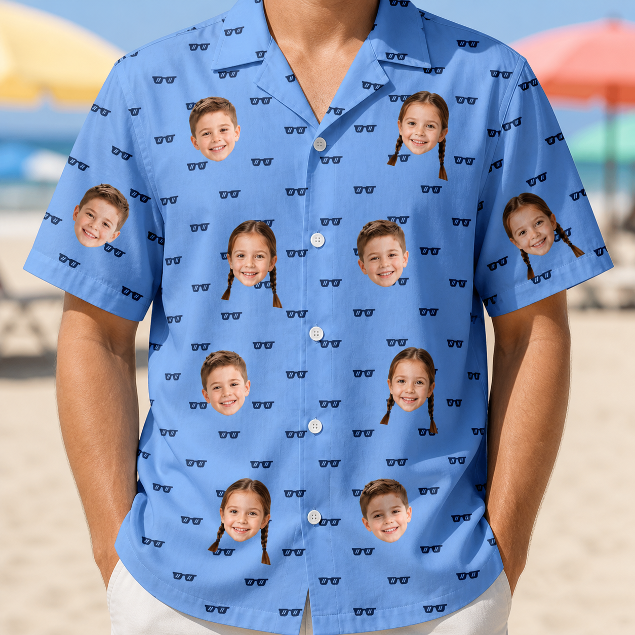 Model wearing Men's Bride Blinders Custom Face Hawaiian Shirt printed with kids' faces