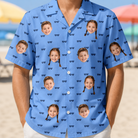 Model wearing Men's Bride Blinders Custom Face Hawaiian Shirt printed with kids' faces