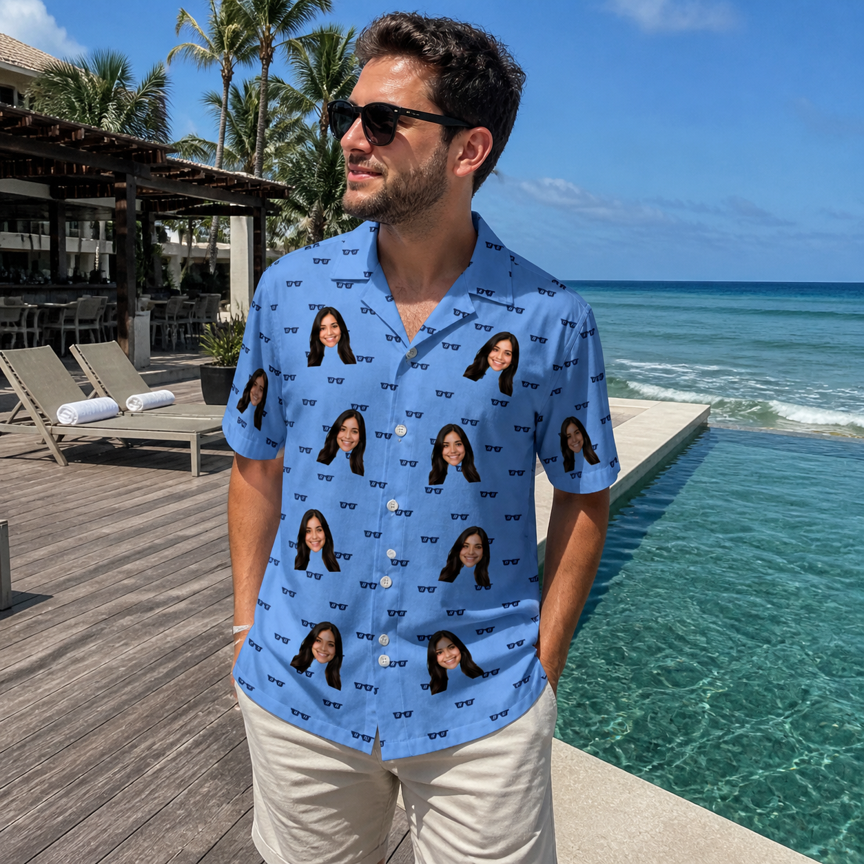 Real-life photo of someone wearing Men's Bride Blinders Custom Face Hawaiian Shirt — custom faces printed all-over