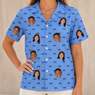 Model wearing Women's Bride Blinders Custom Face Hawaiian Shirt printed with kids' faces