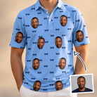 Man wearing Men's Bride Blinders Custom Face Polo Shirt — custom faces printed all-over