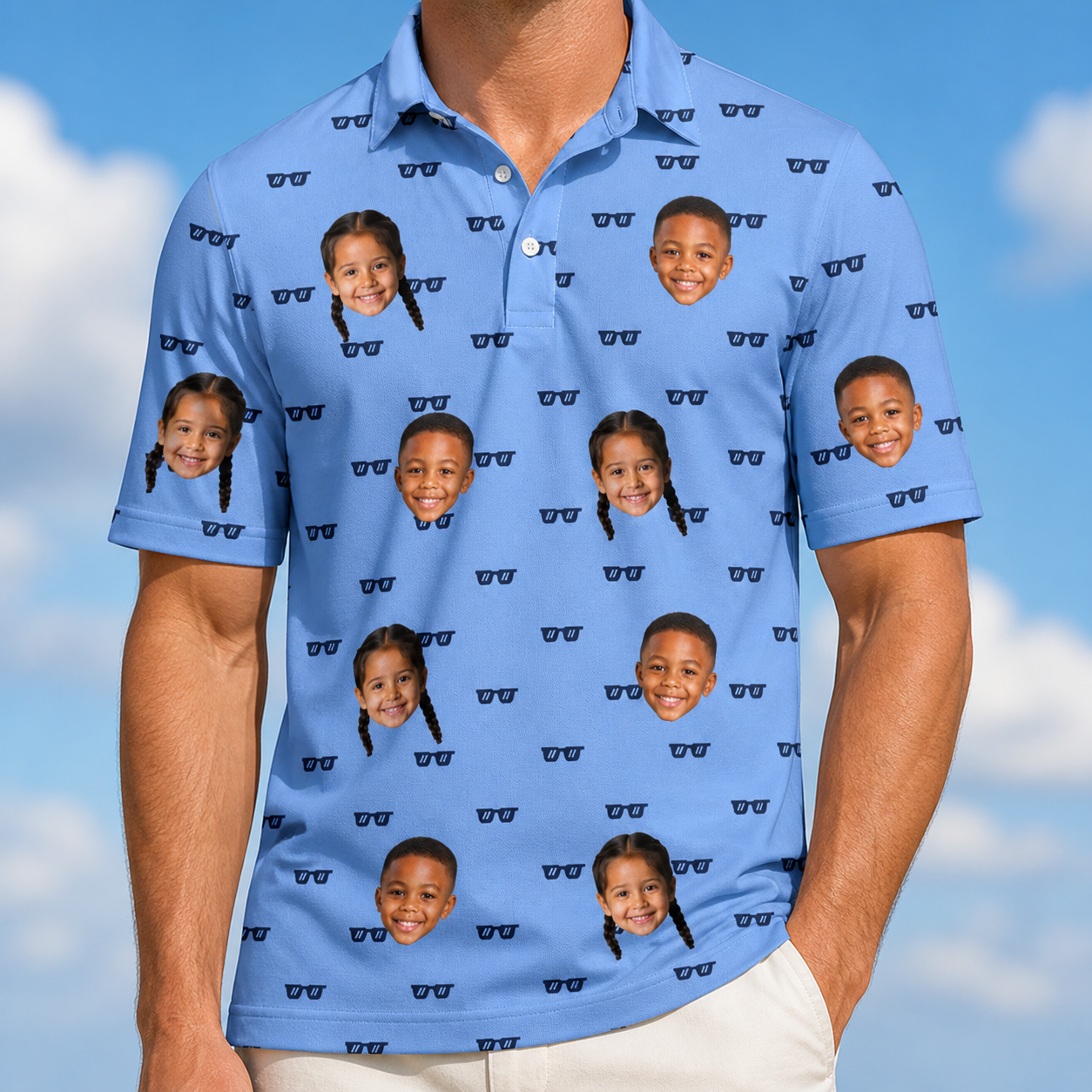 Model wearing Men's Bride Blinders Custom Face Polo Shirt printed with kids' faces