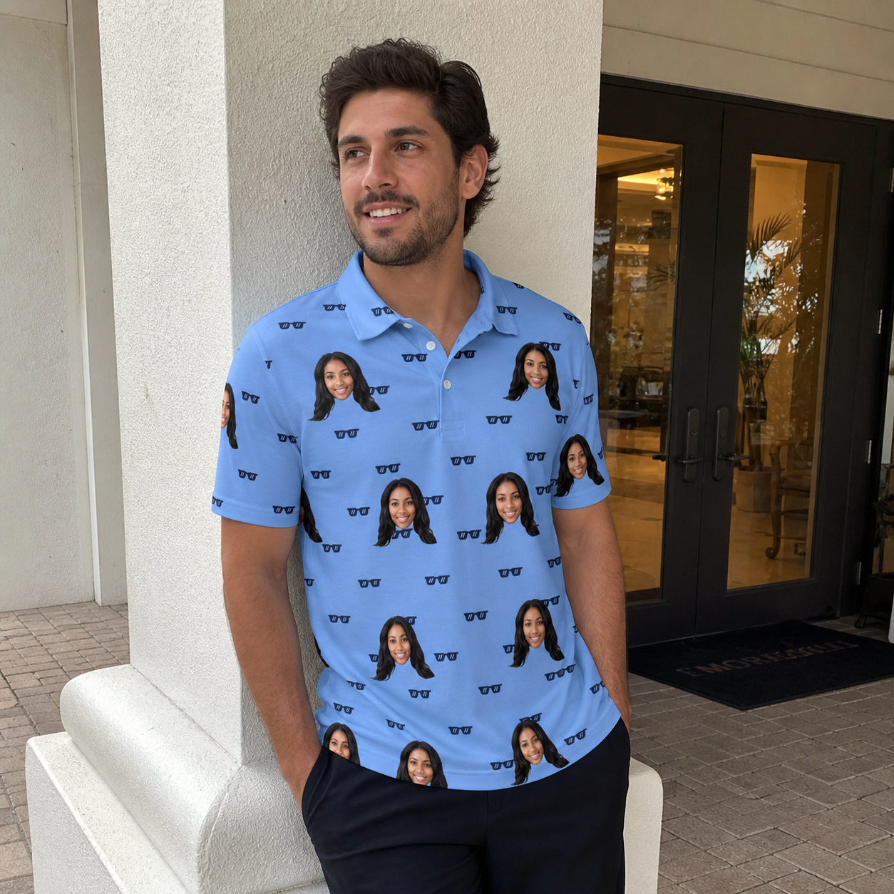 Real-life photo of someone wearing Men's Bride Blinders Custom Face Polo Shirt — custom faces printed all-over