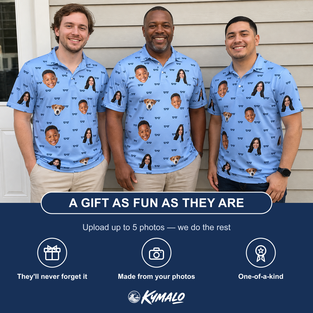 Friends in matching Men's Bride Blinders Custom Face Polo Shirt — a group gift photo