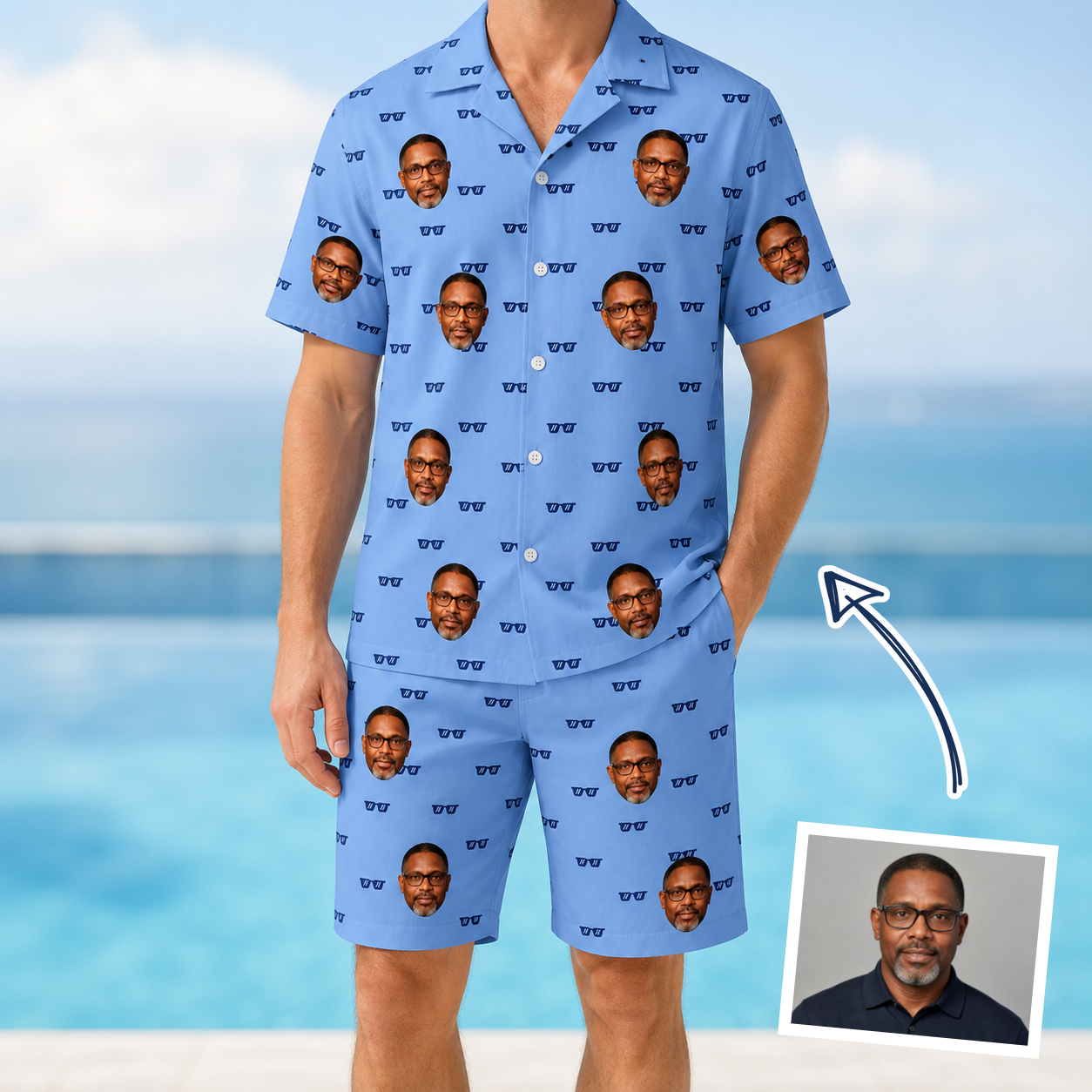 Man wearing Men's Bride Blinders Custom Face Shirt & Shorts Set — custom faces printed all-over