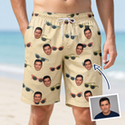 Man wearing Men's Veil Vibes Custom Face Beach Shorts — custom faces printed all-over