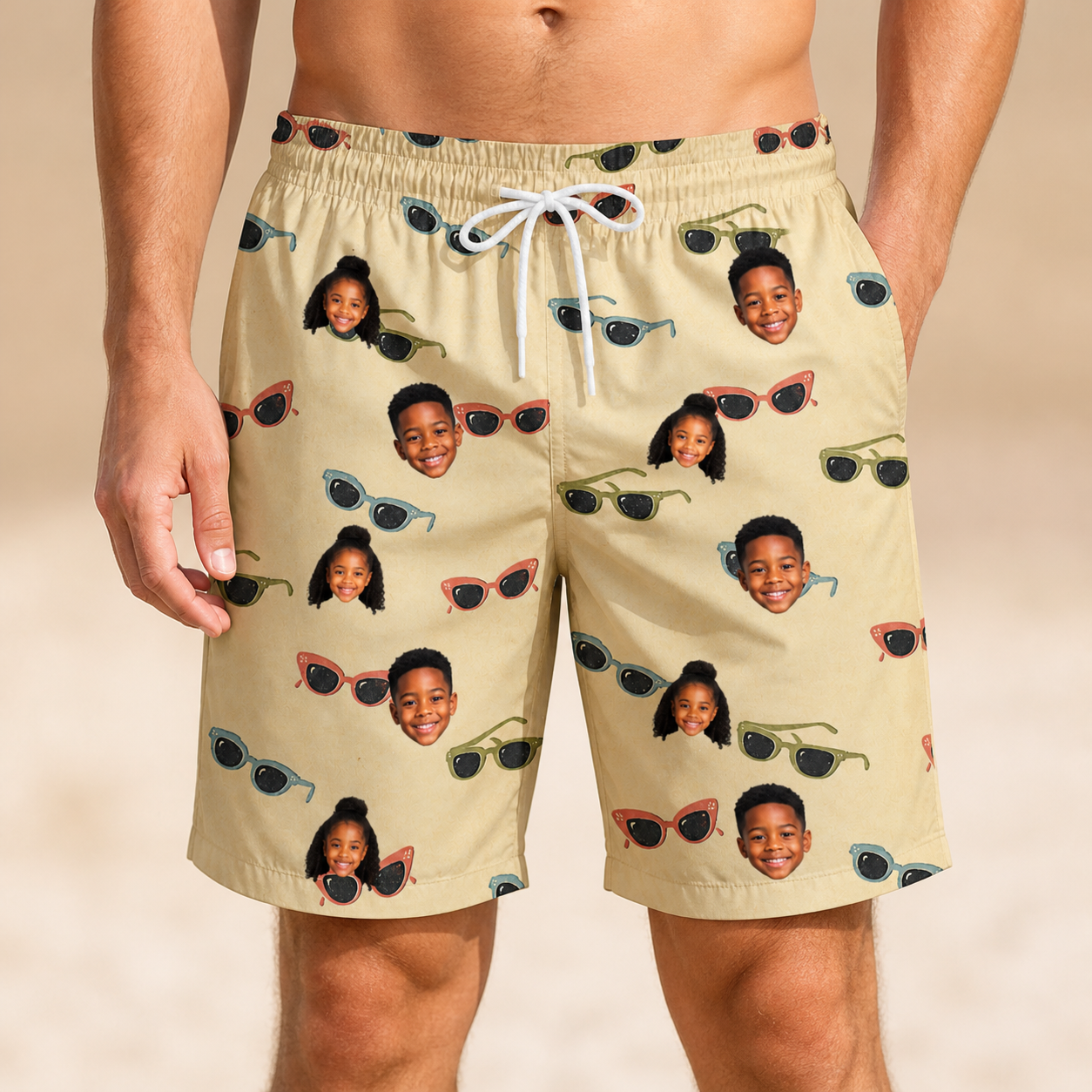 Model wearing Men's Veil Vibes Custom Face Beach Shorts printed with kids' faces