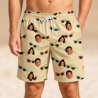 Model wearing Men's Veil Vibes Custom Face Beach Shorts printed with kids' faces