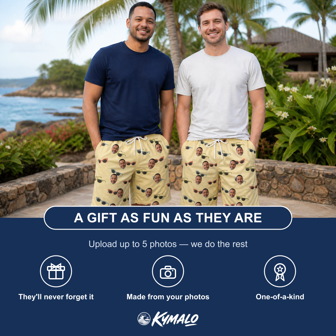 Friends in matching Men's Veil Vibes Custom Face Beach Shorts — a group gift photo