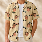 Man wearing Men's Veil Vibes Custom Face Hawaiian Shirt open over a white tee