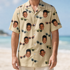 Model wearing Men's Veil Vibes Custom Face Hawaiian Shirt printed with kids' faces