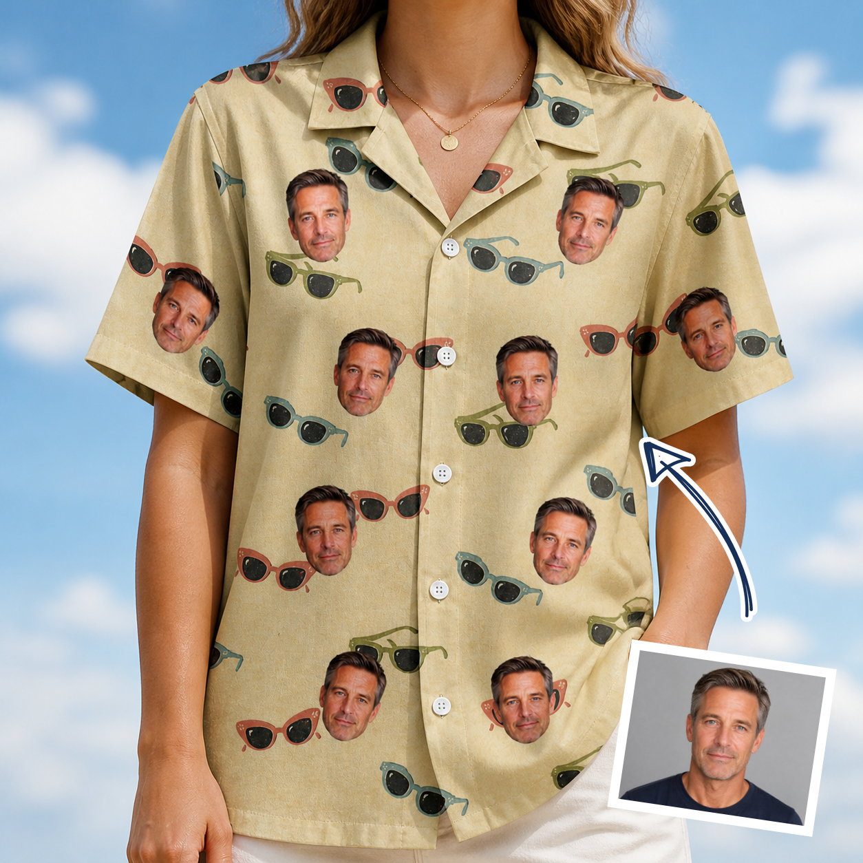 Woman wearing Women's Veil Vibes Custom Face Hawaiian Shirt — custom faces printed all-over