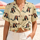Woman wearing Women's Veil Vibes Custom Face Hawaiian Shirt tied at the waist