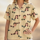 Model wearing Women's Veil Vibes Custom Face Hawaiian Shirt printed with kids' faces