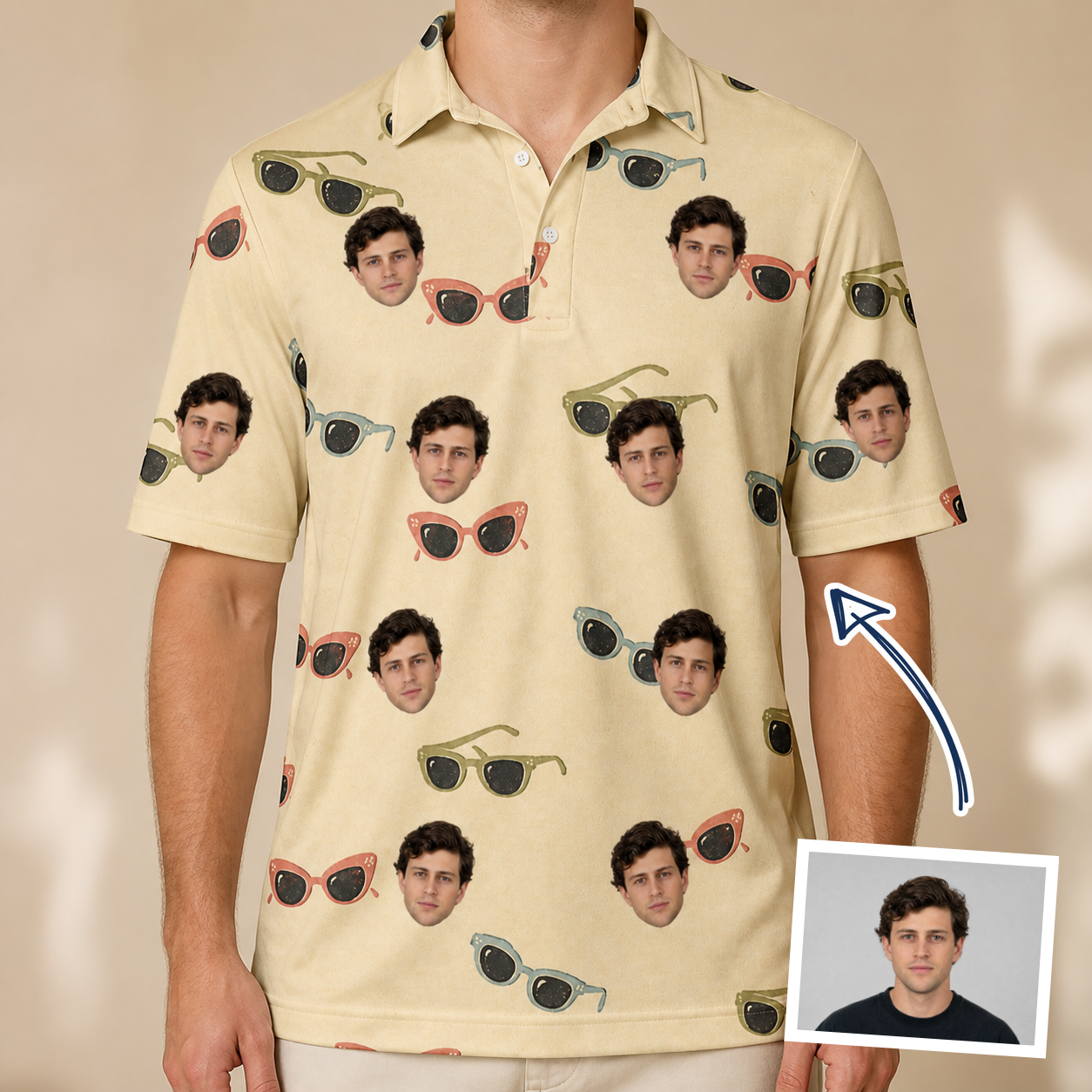 Man wearing Men's Veil Vibes Custom Face Polo Shirt — custom faces printed all-over
