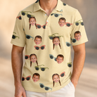 Model wearing Men's Veil Vibes Custom Face Polo Shirt printed with kids' faces