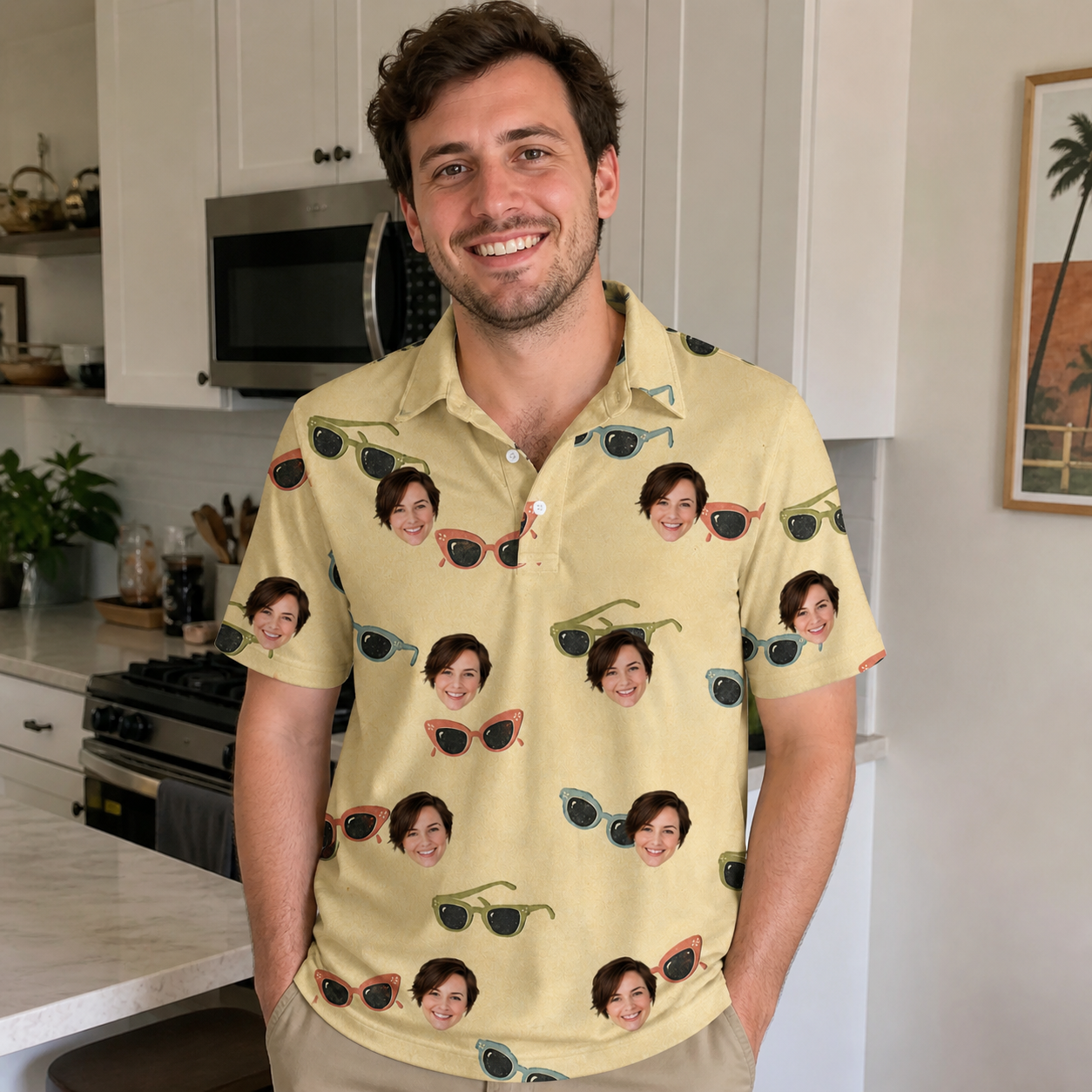 Real-life photo of someone wearing Men's Veil Vibes Custom Face Polo Shirt — custom faces printed all-over