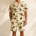 Model wearing Men's Veil Vibes Custom Face Shirt & Shorts Set printed with kids' faces