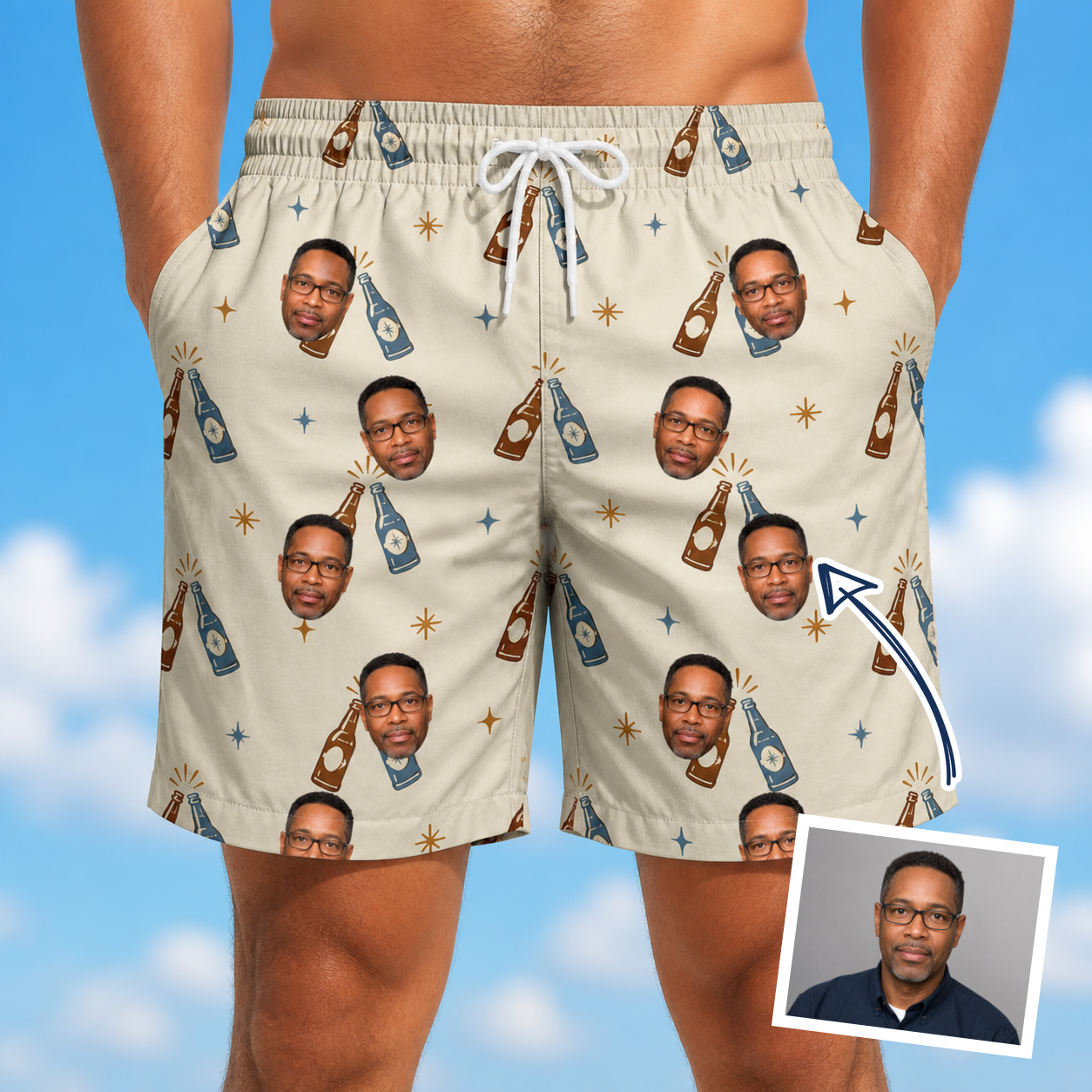 Man wearing Men's Vow Vino Custom Face Beach Shorts — custom faces printed all-over