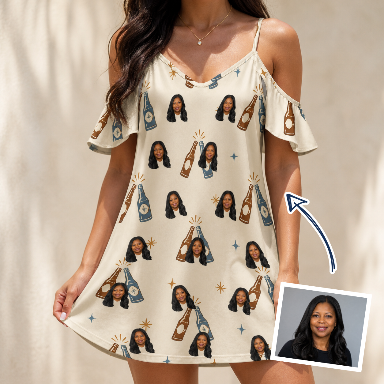 Woman wearing Women's Vow Vino Custom Face Off-Shoulder Dress — custom faces printed all-over