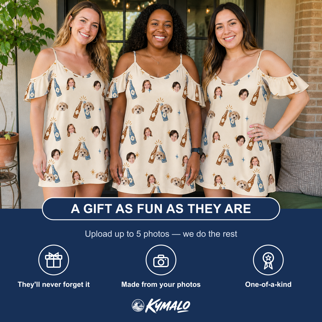 Friends in matching Women's Vow Vino Custom Face Off-Shoulder Dress — a group gift photo