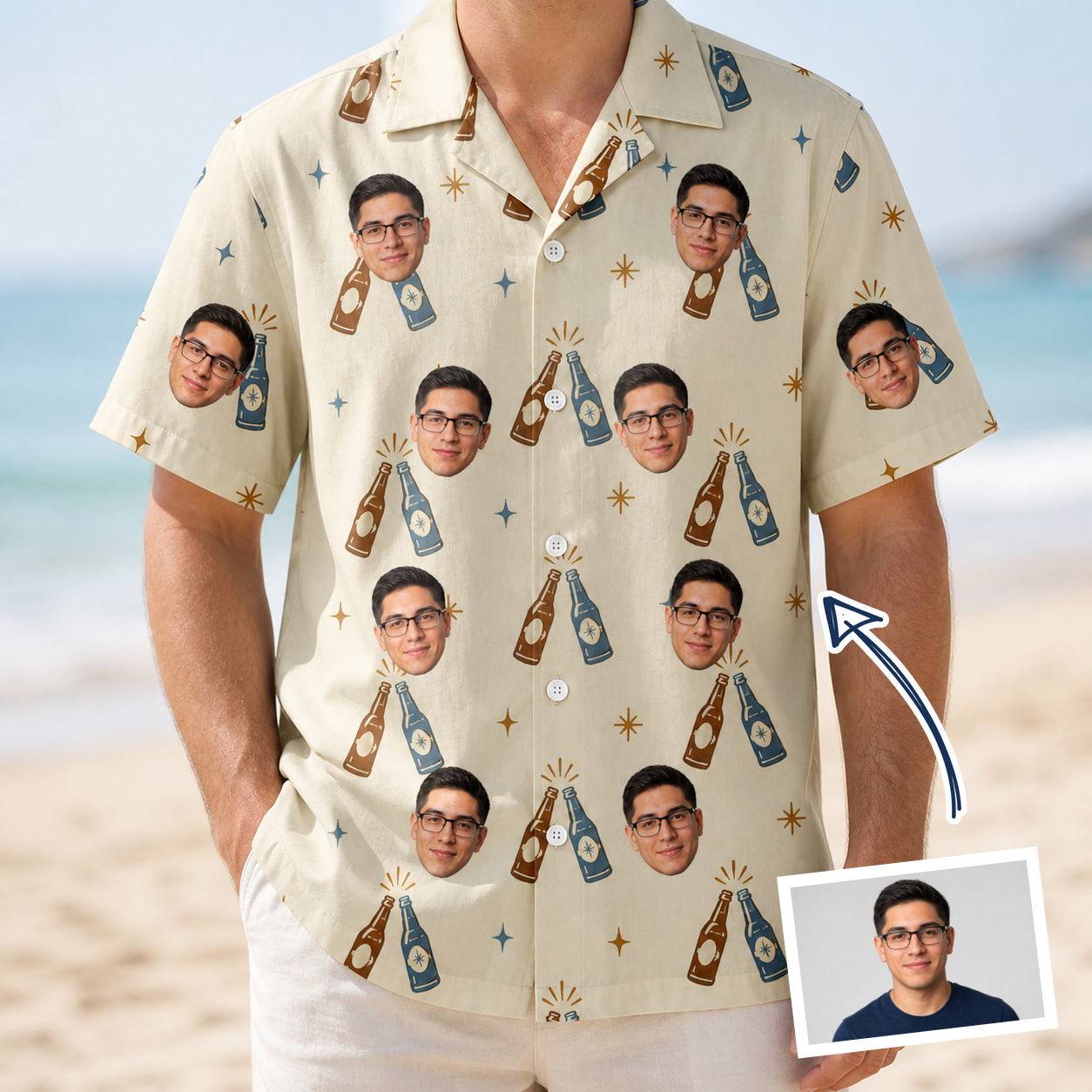 Man wearing Men's Vow Vino Custom Face Hawaiian Shirt — custom faces printed all-over