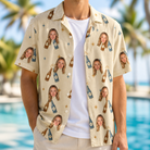 Man wearing Men's Vow Vino Custom Face Hawaiian Shirt open over a white tee