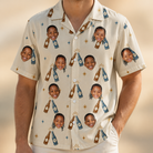 Model wearing Men's Vow Vino Custom Face Hawaiian Shirt printed with kids' faces