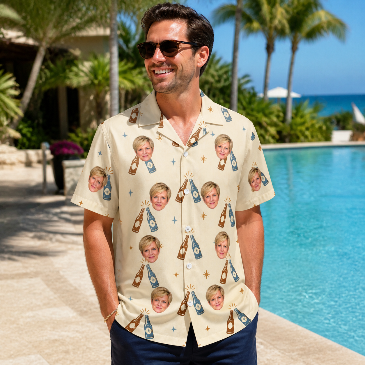 Real-life photo of someone wearing Men's Vow Vino Custom Face Hawaiian Shirt — custom faces printed all-over