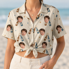 Woman wearing Women's Vow Vino Custom Face Hawaiian Shirt tied at the waist
