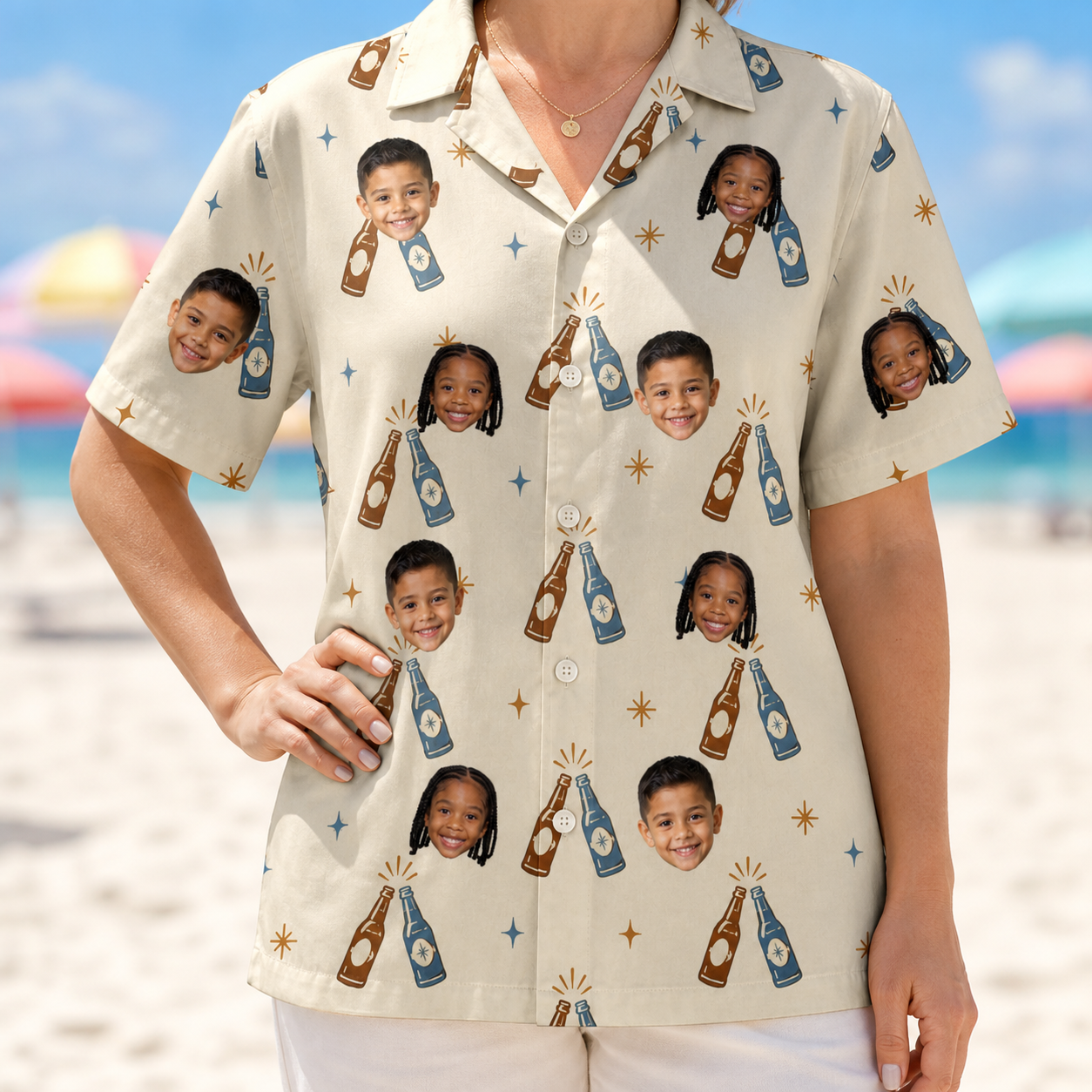Model wearing Women's Vow Vino Custom Face Hawaiian Shirt printed with kids' faces