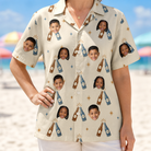 Model wearing Women's Vow Vino Custom Face Hawaiian Shirt printed with kids' faces