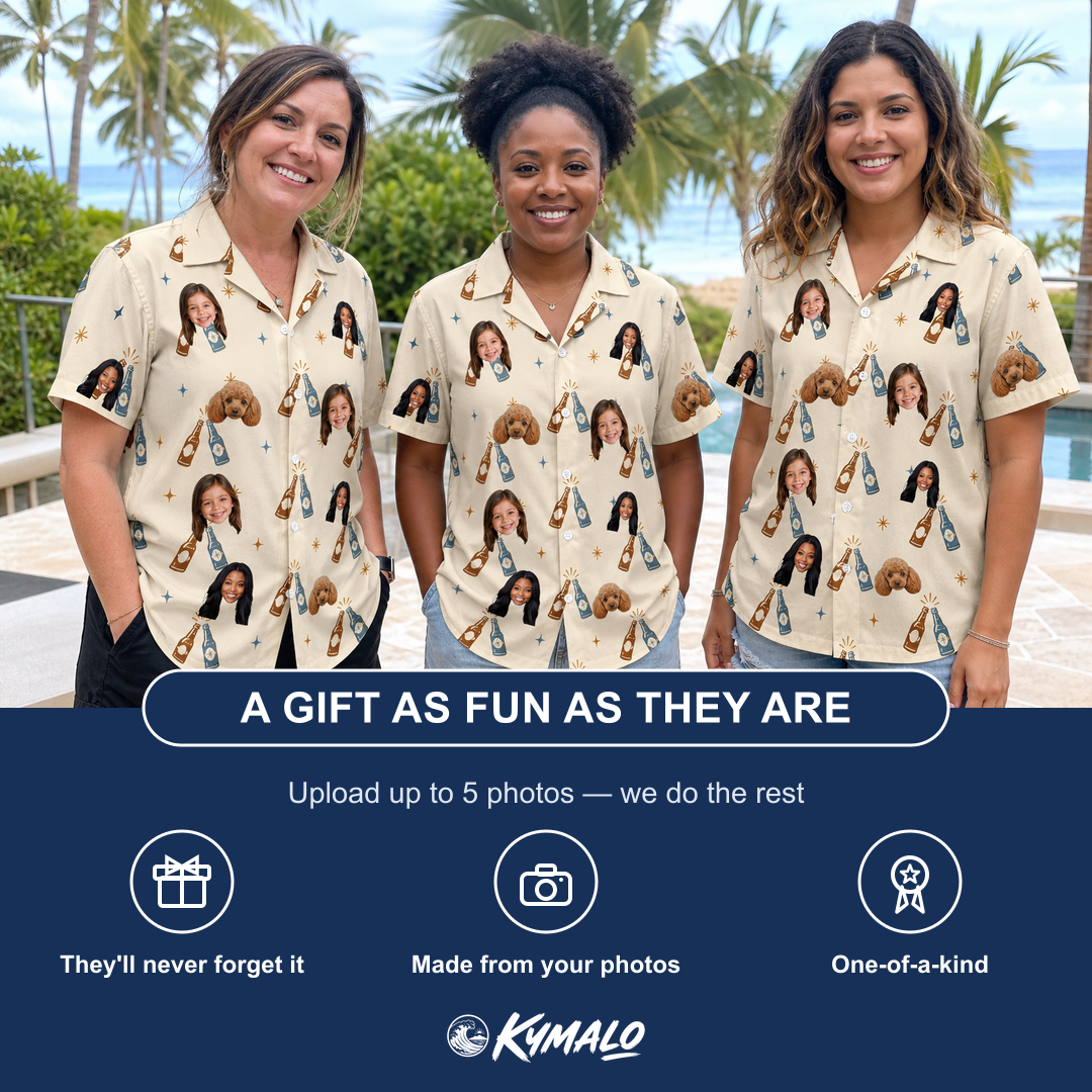 Friends in matching Women's Vow Vino Custom Face Hawaiian Shirt — a group gift photo