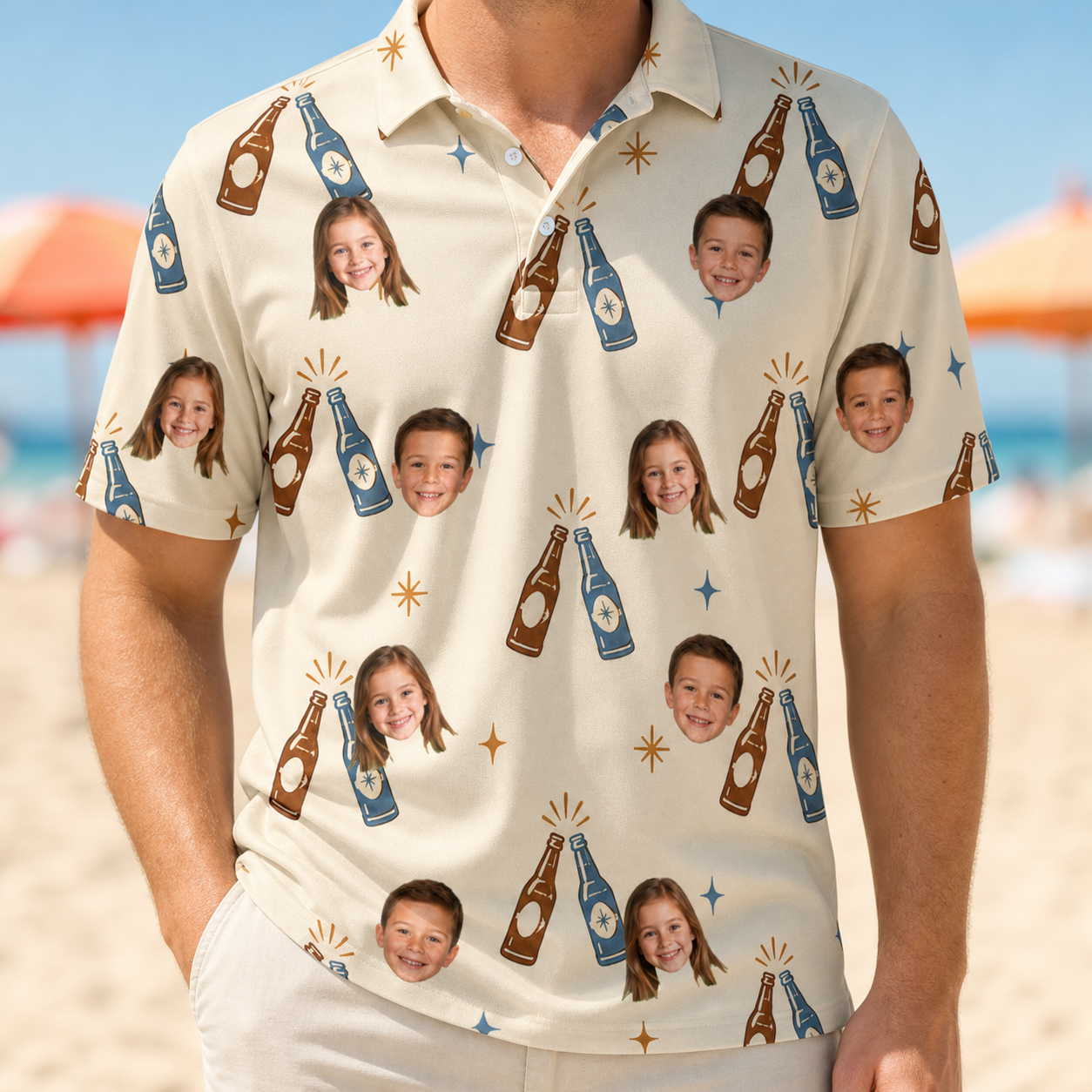 Model wearing Men's Vow Vino Custom Face Polo Shirt printed with kids' faces