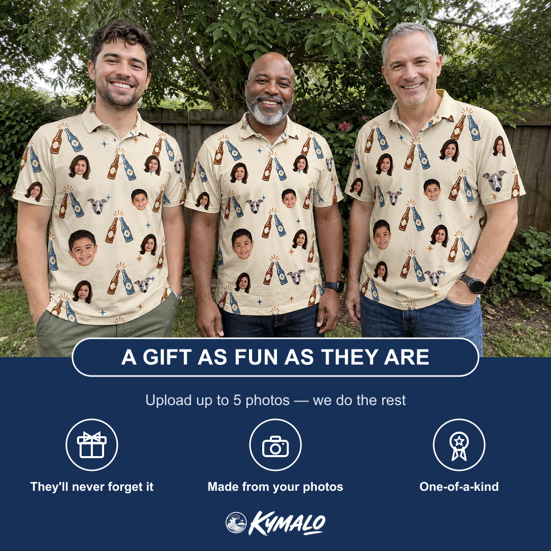 Friends in matching Men's Vow Vino Custom Face Polo Shirt — a group gift photo