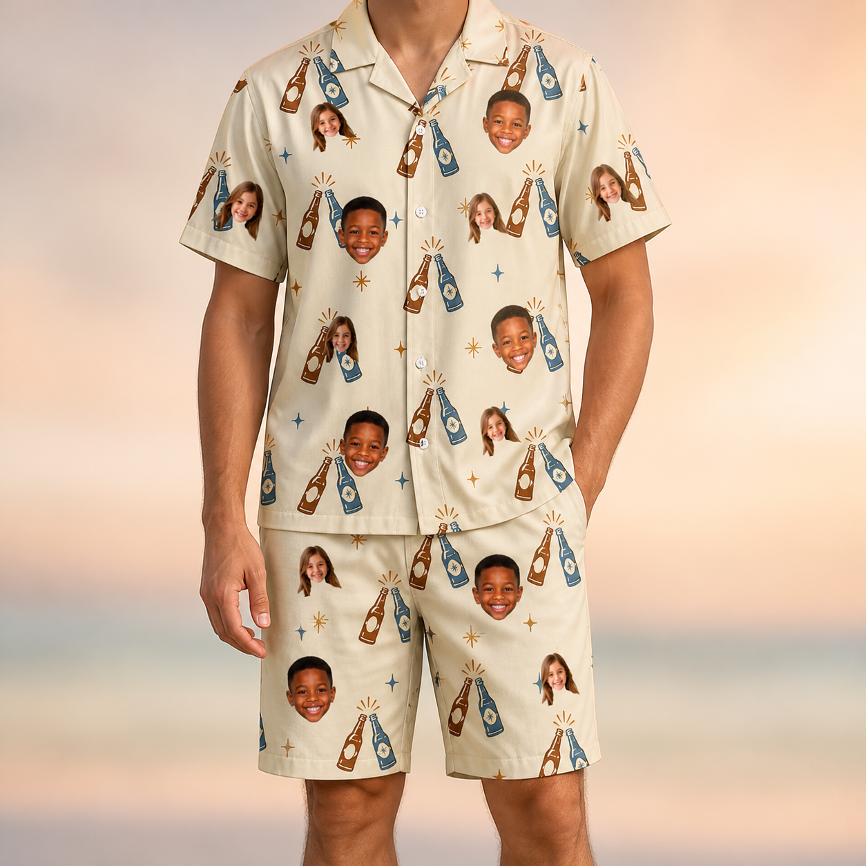 Model wearing Men's Vow Vino Custom Face Shirt & Shorts Set printed with kids' faces