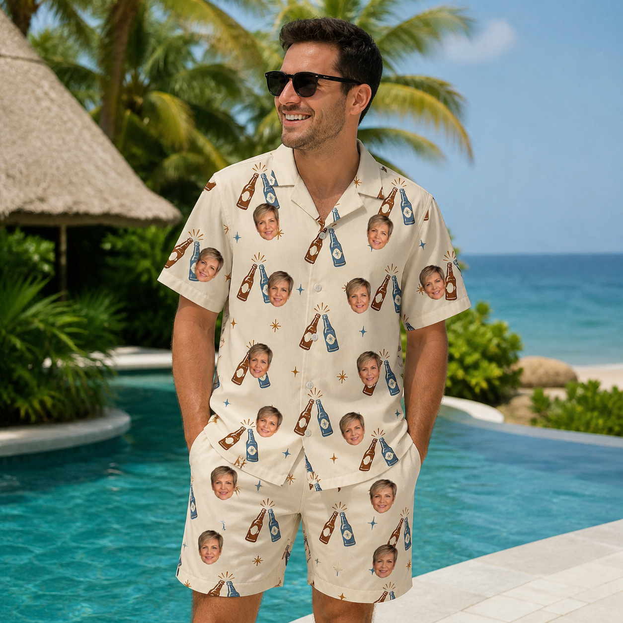 Real-life photo of someone wearing Men's Vow Vino Custom Face Shirt & Shorts Set — custom faces printed all-over
