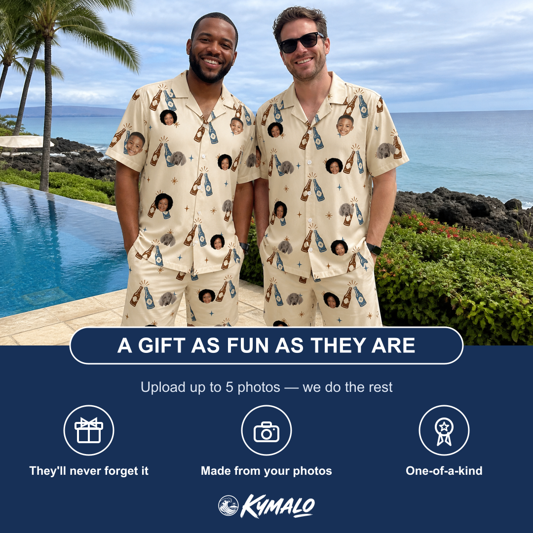 Friends in matching Men's Vow Vino Custom Face Shirt & Shorts Set — a group gift photo