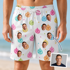 Man wearing Men's Disco Darling Custom Face Beach Shorts — custom faces printed all-over