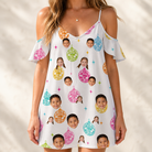 Model wearing Women's Disco Darling Custom Face Off-Shoulder Dress printed with kids' faces