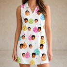 Model wearing Women's Disco Darling Custom Face V-Neck Dress printed with kids' faces