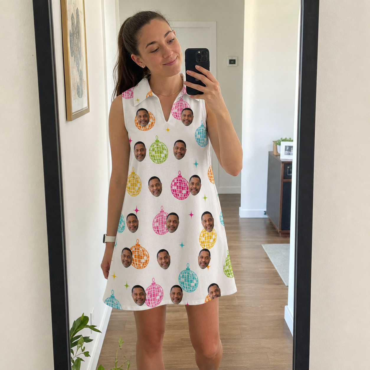 Real-life photo of someone wearing Women's Disco Darling Custom Face V-Neck Dress — custom faces printed all-over